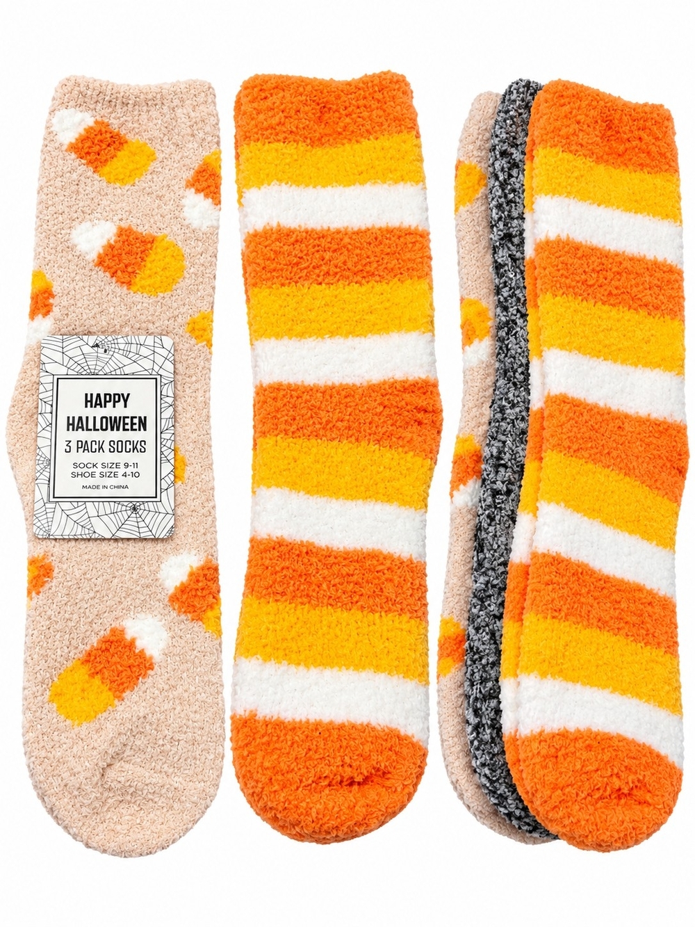 Happy Halloween  Cozy Fuzzy Socks - Orange/White/Yellow (3-Pack)